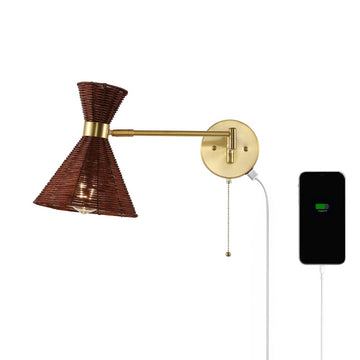 Lily 25" 1-Light Mid-Century Vintage Retro Rattan/Metal USB Charging Swing Arm LED Sconce with Pull Chain - JONATHAN Y